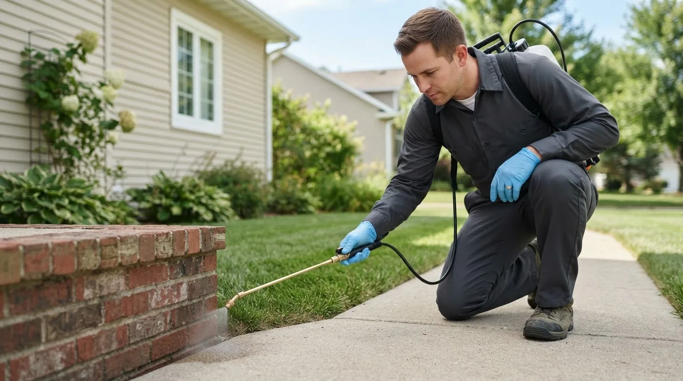 Pest control technician treating a home near Willow, AK
